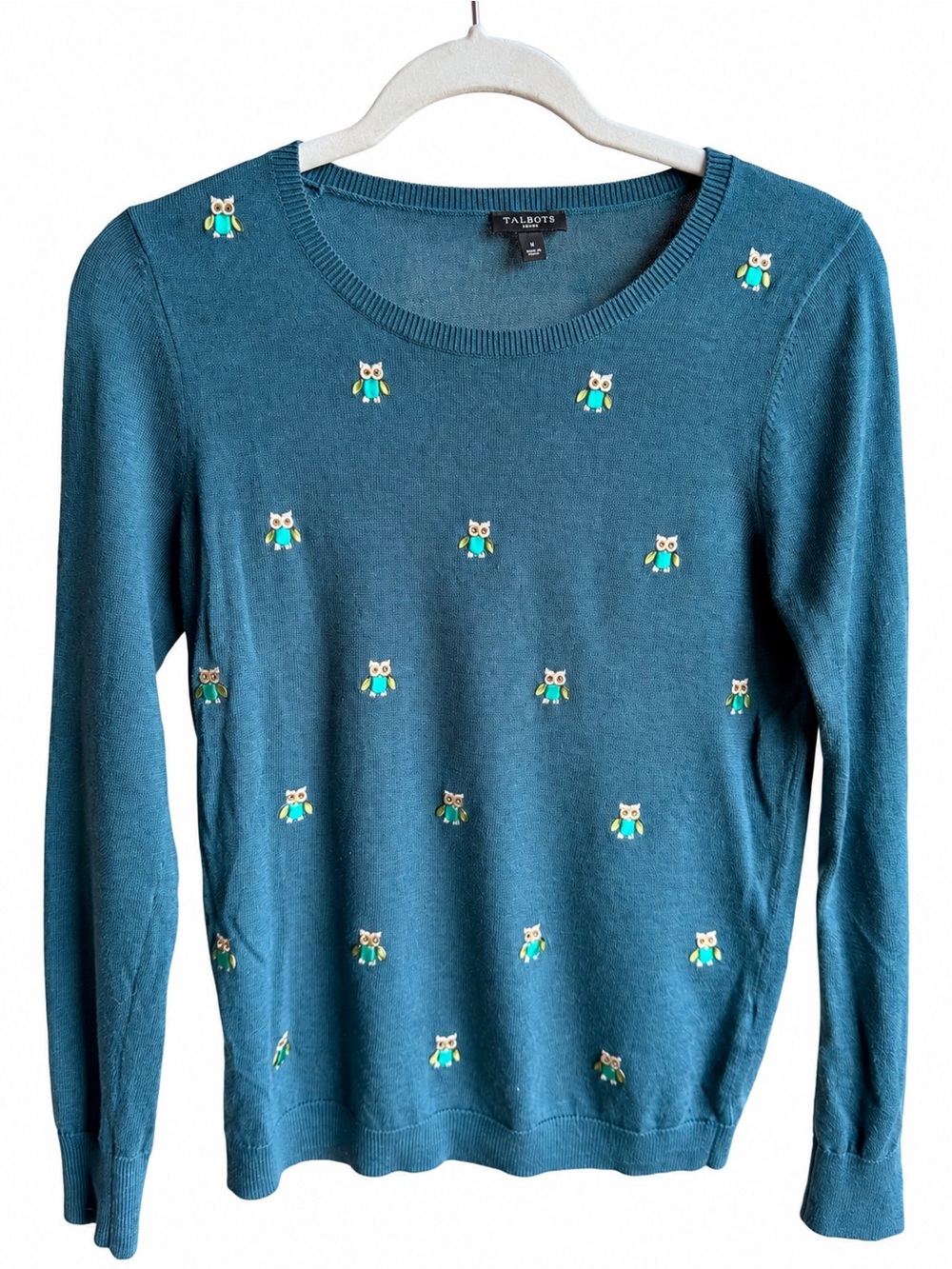 Talbots Petite Teal Owl Embellished Sweater Cotton Tencel P